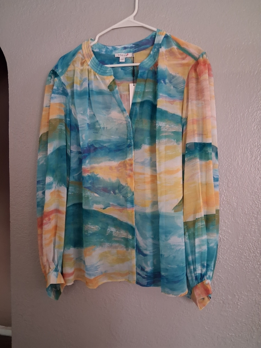 Chico's NWT Pintuck Sleeve Painted Fields Lemon Blossom Blouse 4/20